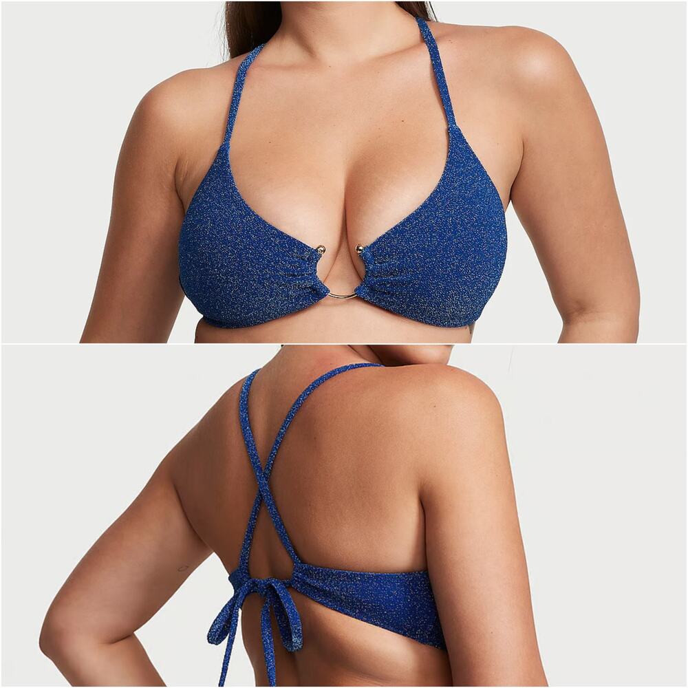 NWT Victoria's Secret Swim Shimmer Bralette Bikini Top Blue Gold Ring Size XS